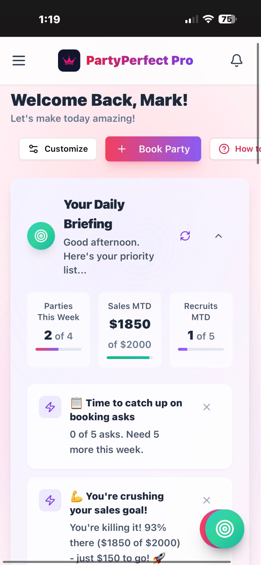 PartyPerfect Pro Dashboard with Daily Briefing