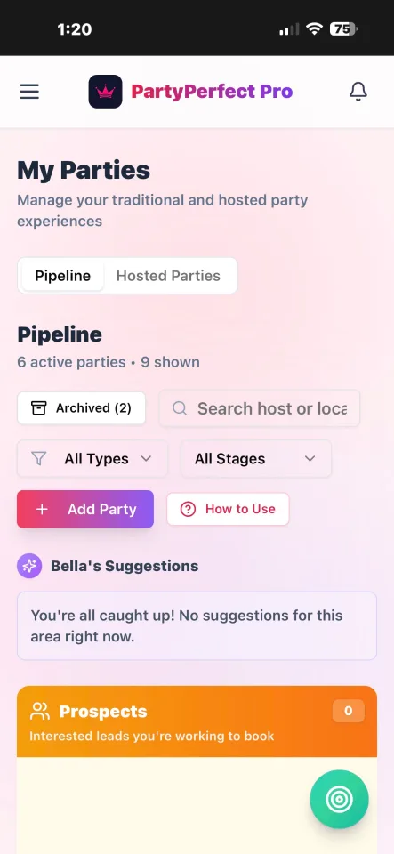PartyPerfect Pro booking pipeline showing six active parties and nine parties in view